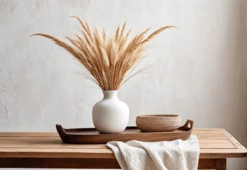 Foto op Plexiglas Modern white ceramic vase with dried Lagurus ovatus grass and marble tray in Scandinavian Interior. © HENDRI