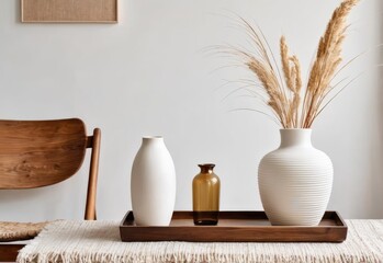 Fototapeta na wymiar Modern white ceramic vase with dried Lagurus ovatus grass and marble tray in Scandinavian Interior.