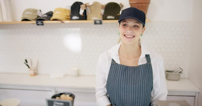 Woman, ice cream and shop seller with dessert or frozen food with hands of happy cashier. Customer, person and giving gelato cone, sweets and dairy sugar for service of employee at store closeup