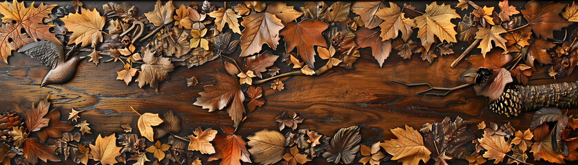 A wooden panel with a leafy border and a bird on it. The bird is in the middle of the panel and is surrounded by leaves. The leaves are of different sizes and colors, creating a natural
