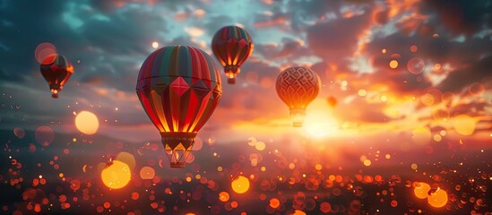 Dreamy D Clay Sunset Hot Air Balloons Drifting Across the DuskPainted Sky - obrazy, fototapety, plakaty