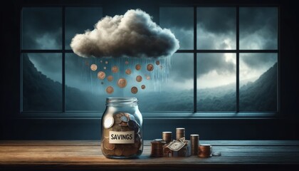 A poignant depiction of financial instability, this image shows coins falling like rain from a dark cloud into a glass jar labeled 'savings,' set against a backdrop of a stormy window scene - obrazy, fototapety, plakaty