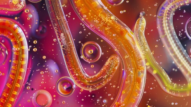 A colorful microscopic image of nematodes in a petri dish showcasing their diverse shapes sizes and patterns.