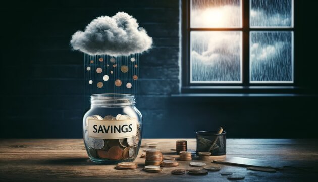 This evocative image captures the essence of financial saving and the uncertainties of economy with coins falling from a cloud into a jar on a rainy day by the window, highlighting the importance of s