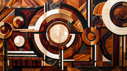 A wood panel with a circle in the middle and other circles around it. The circles are of different sizes and are made of wood. The image has a modern and abstract feel to it