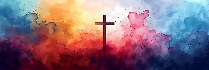 Jesus Christ's cross on a vibrant watercolor background, Illustration - obrazy, fototapety, plakaty