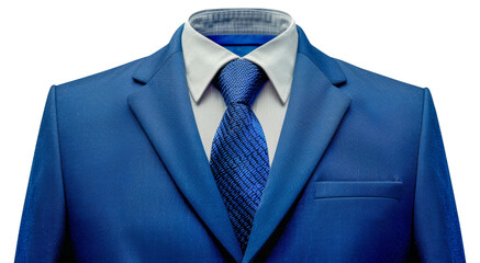 A man's blue suit jacket and tie are shown in a close up, cut out - stock png.