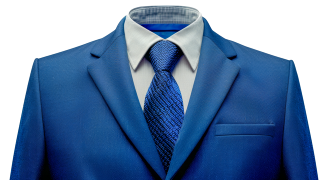 A man's blue suit jacket and tie are shown in a close up, cut out - stock png.