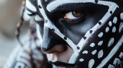 A fierce female warrior adorned with intricate black and white tribal face paint exuding a sense of...
