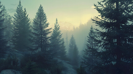 A forest with trees and a mountain in the background. The sky is cloudy and the sun is setting - Powered by Adobe