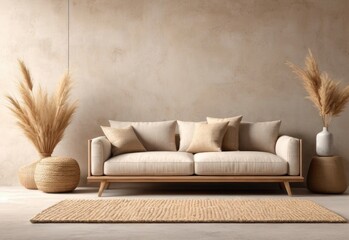 Fototapeta premium Interior mockup of a wabi-sabi style living room with a low sofa, burlap rug, and dried grass decorations against a blank wall background. 3d rendering.