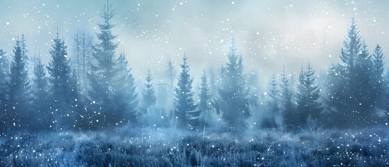 A snowy forest with trees covered in snow. The sky is blue and the snow is falling - obrazy, fototapety, plakaty