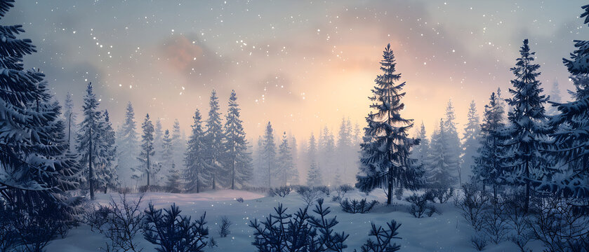 A snowy forest with a tree in the middle. The sky is blue and the snow is falling