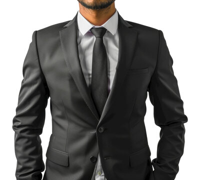 A man in a black suit and white shirt is wearing a black tie - stock png.