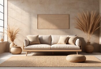 Interior mockup of a wabi-sabi style living room with a low sofa, burlap rug, and dried grass decorations against a blank wall background. 3d rendering.