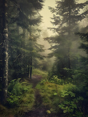 A forest path with trees and a foggy atmosphere. The trees are tall and green, and the path is surrounded by bushes and grass. The fog adds a sense of mystery and calmness to the scene