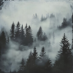 A forest with trees covered in mist. The trees are tall and the sky is cloudy