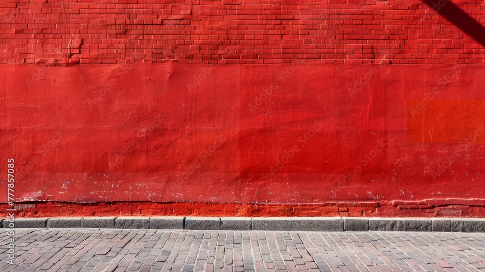 Poster Bold red wall with shadow of diagonal lines - Vibrant red wall with a shadow pattern adding depth It’s a great representation of urban art and creative expressions, as well as a play of light and shad