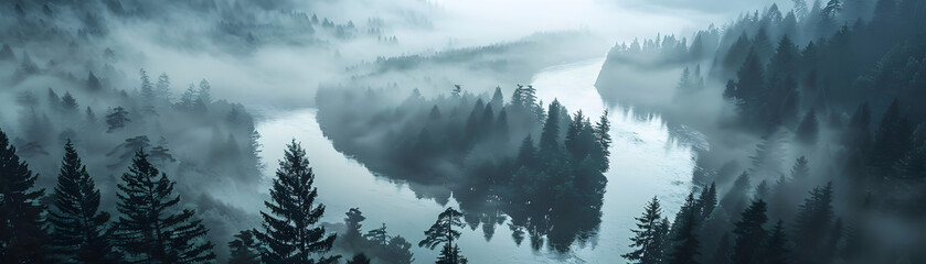 A foggy forest with a river running through it. The trees are tall and the water is calm