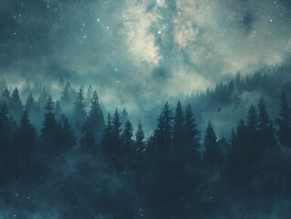 Fototapeta premium A forest with trees and a sky full of stars. The sky is dark and the stars are shining brightly