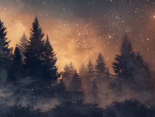 A forest with trees and a sky full of stars
