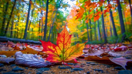 Autumn leaf on forest trail with fall colors - A vivid red maple leaf stands out among fallen foliage on a forest path surrounded by autumnal trees