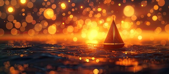 Serene D Clay Sunset with Sailboat Silhouette against Golden Twilight and Bokeh Lights