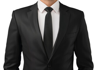 A man wearing a black suit and a white shirt with a black tie, cut out - stock png.