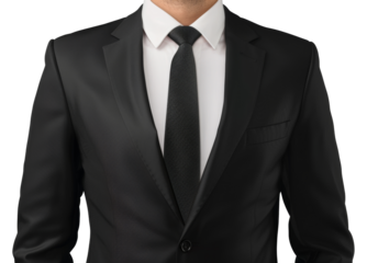 A man wearing a black suit and a white shirt with a black tie, cut out - stock png.