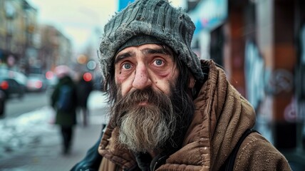 Homeless person on urban street - A homeless individual is wrapped in blankets on a busy city street, highlighting issues of poverty and social inequality