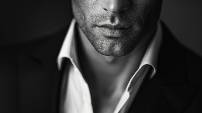 The clean lines of a tailored black blazer complement the sharp features of a mans face creating a powerful melody of sophistication and confidence. The monochromatic palette adds .