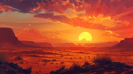 Foto op Canvas Stunning desert sunset with vibrant colors - A breathtaking illustration of a desert landscape under a dramatic sunset with rich orange and red hues © Tida