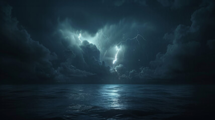 Dramatic thunderstorm over turbulent sea - The image captures a powerful thunderstorm at night with intense lightning bolts striking over a dark, churning ocean - obrazy, fototapety, plakaty