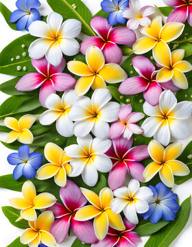 Close-up image of natural plumeria daisy cosmos and periwinkle flowers