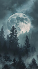 Fototapeta na wymiar A large moon is in the sky above a forest. The moon is surrounded by a hazy mist, giving the scene a dreamy and mysterious atmosphere. The trees are tall and dense, creating a sense of depth