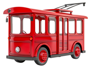 A red trolley bus with a black wheel, cut out - stock png.
