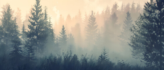 A forest with trees in the background and a foggy sky