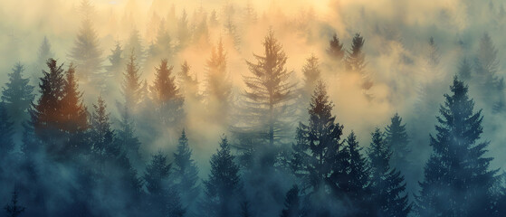 A forest with trees covered in mist. The trees are tall and the mist is thick, creating a serene...