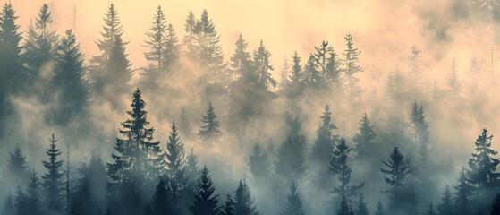 A forest with foggy trees and a misty atmosphere. The trees are tall and dense, creating a sense of...