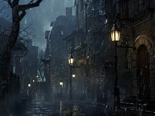 A rainy night in a city with a street lamp on the sidewalk. The street is wet and the buildings are dark