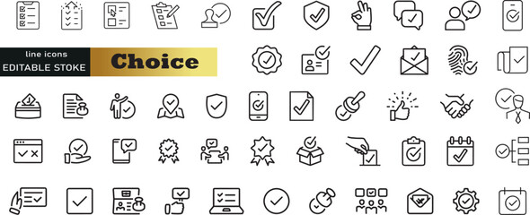 Choice web icons in line style. Option, checkmark, solving, selection, choose, possibility, collection. Vector illustration.