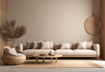 Interior mockup of a wabi-sabi style living room with a low sofa, burlap rug, and dried grass decorations against a blank wall background. 3d rendering.