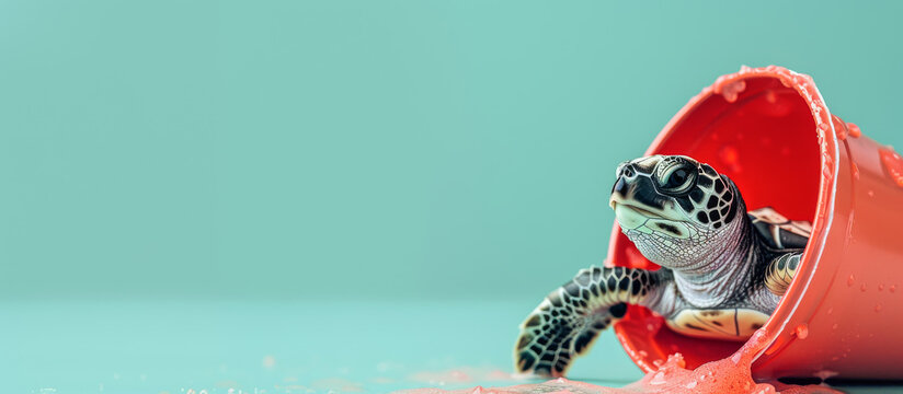 Baby Sea Turtle and Plastic Red Party Cup Pollution Garbage on Blue Green Background. Room for Copy Text