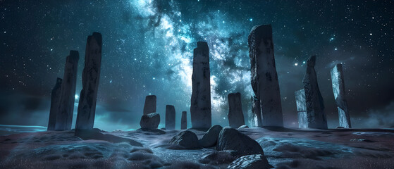 A group of large rocks are illuminated by the stars and the Milky Way. The scene is serene and peaceful, with the stars and the rocks creating a sense of calm and tranquility - obrazy, fototapety, plakaty