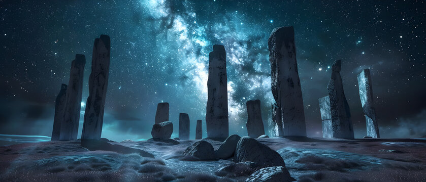 A group of large rocks are illuminated by the stars and the Milky Way. The scene is serene and peaceful, with the stars and the rocks creating a sense of calm and tranquility