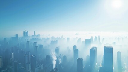 A city skyline is shown with a clear blue sky above it thanks to the use of clean renewable energy sources. In contrast another city is visible with a thick layer of smog hanging over . - obrazy, fototapety, plakaty