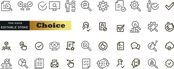 Choice web icons in line style. Option, checkmark, solving, selection, choose, possibility, collection. Vector illustration.