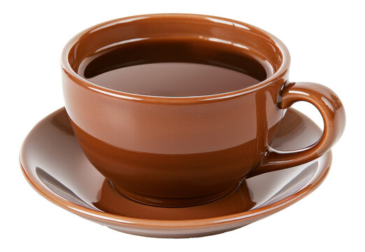 A brown coffee cup with a brown saucer sits - stock png.