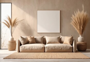 Interior mockup of a wabi-sabi style living room with a low sofa, burlap rug, and dried grass decorations against a blank wall background. 3d rendering.