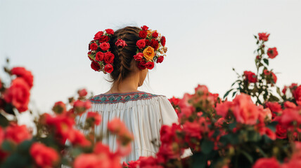 Woman with a crown of roses in a rose garden, viewed from behind.